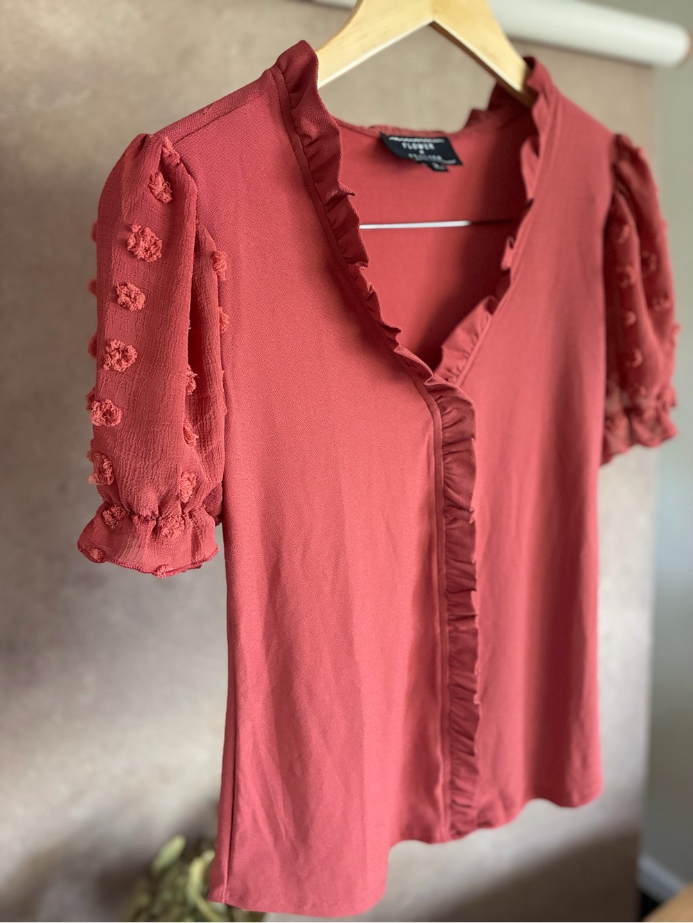 Textured Ruffle V-Neck Blouse in Terracotta Red/Orange
